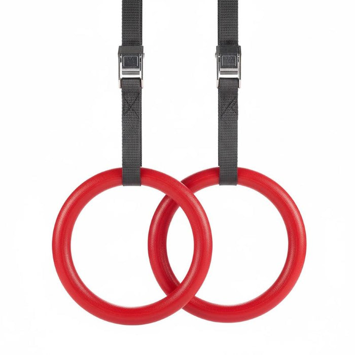 Set of 2 gym rings with adjustable suspension straps, red